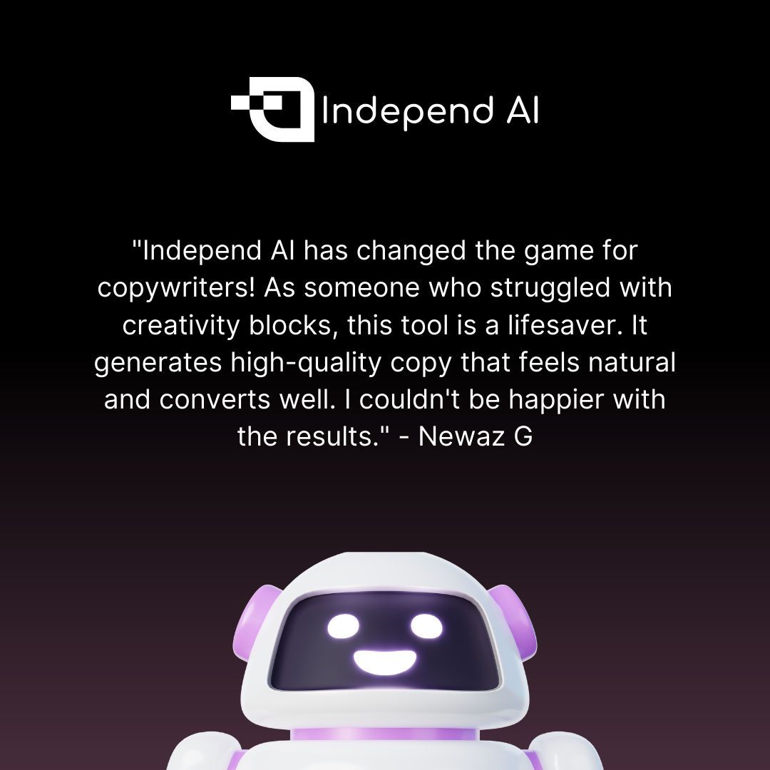 IndependAI's tweet photo. 🎉 Goodbye, writing struggles! 👋

Be happy like Newaz and break the writer's block!

Start your free trial: https://t.co/CJYpEKng7S

#AIWriter #AIContentCreation #AIContentWriter #AIWritingAssistant https://t.co/hFWptoXdbl