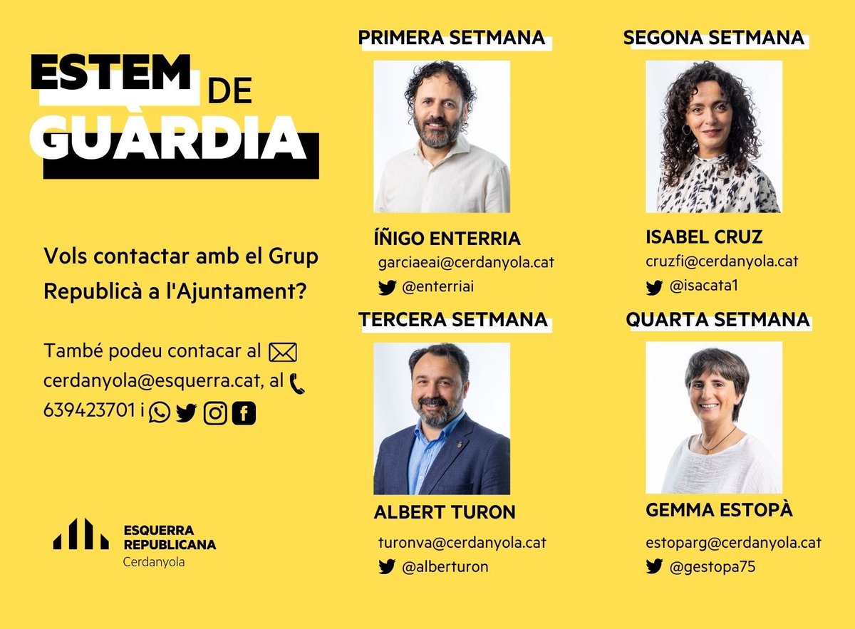 📢 A l’agost els regidors i regidores d’ERC #cerdanyola seguim al teu servei.

Podeu contactar-nos al mail cerdanyola@esquerra.cat, al número 639423701 i a les nostres xarxes socials.