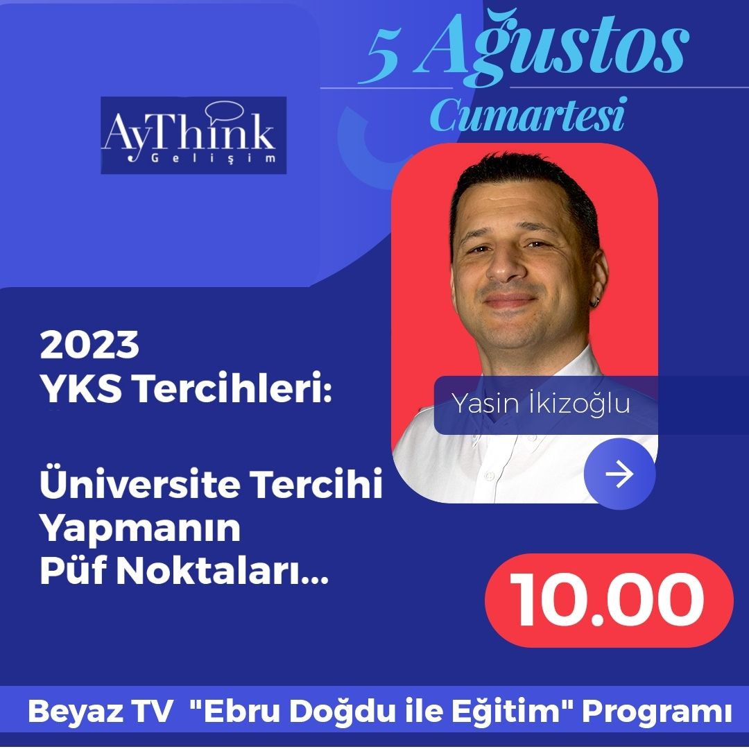 Sizleri Beyaz TV'de yayınlanacak #EbruDoğduileEğitim programını izlemeye davet ediyoruz👉 Ebru Doğdu, #Yasinİkizoğlu 'nu programında ağırlayacak ve #ÜniversiteTercihi Yapmanın Püf noktalarını konuşacaklar🍎 

🗓 5 Ağustos, Cumartesi
⏰️ 10.00 
🖥 Beyaz TV 
#yks23 #ykstercih