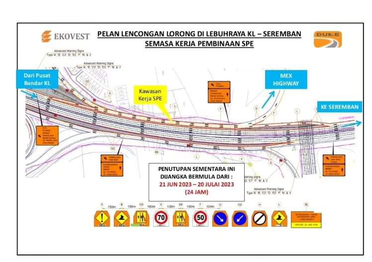 spehighway's tweet photo. Pemberitahuan lencongan lorong sementara berhampiran persimpangan susur dari Lebuhraya Salak ke susur Kuchai Lama di Lebuhraya KL Seremban. 

Penutupan selama 24 jam pada 21 Jun 2023  akan dilanjutkan sehingga 31 Ogos 2023 https://t.co/70fJcURTkx