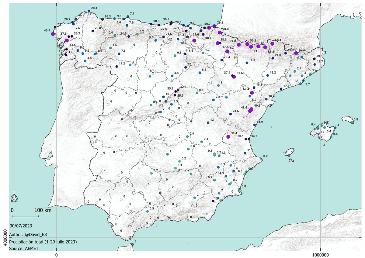 David_E8's tweet image. ☂️ ¿Dónde ha llovido más durante julio 2023 en #España?. 

Aunque se trata del mes más seco del año en la mayoría del territorio nacional, se han registrado hasta 79.3 mm en #SanSebastian (#Fuenterrabía) o varios emplazamientos de los #Pirineos (&amp;gt;70 mm).