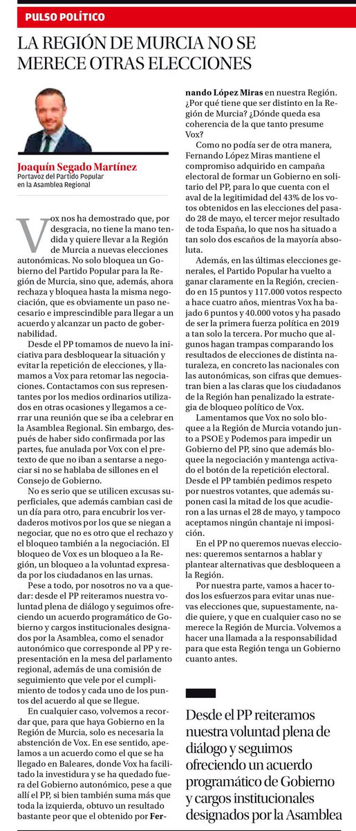 📰 La #RegióndeMurcia no se merece otras elecciones. 

✍🏻Artículo de <a href="/quinosegado/">Joaquín Segado</a> en <a href="/diariolaopinion/">La Opinión de Murcia</a>