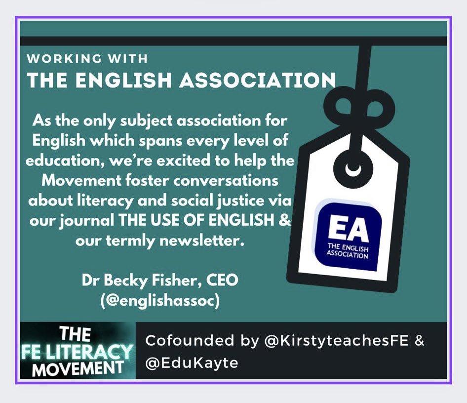 LiteracyFE's tweet photo. Fantastic to have the support of the @EnglishAssoc for the FE Literacy Movement!
Delighted to share articles linked to the work taking place via The #UseOfEnglish journal, co-edited by @EduKayte & @HebronMalcolm, as well as the monthly EA Newsletter!
👍🏻📚💜🙏 https://t.co/l7HlpcWOQI