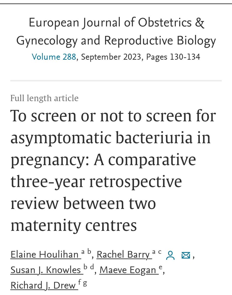 Delighted to see our work in European Journal of Obstetrics &amp; Gynecology and Reproductive Biology. 
"To screen or not to screen for asymptomatic bacteriruria in pregnancy" conducted in <a href="/nmh/">Distinct</a> and <a href="/RotundaHospital/">The Rotunda Hospital</a> with <a href="/RachelMicro/">Rachel Barry</a>, <a href="/meogan/">Maeve Eogan</a>, Dr Susan Knowles and Prof Richard Drew.