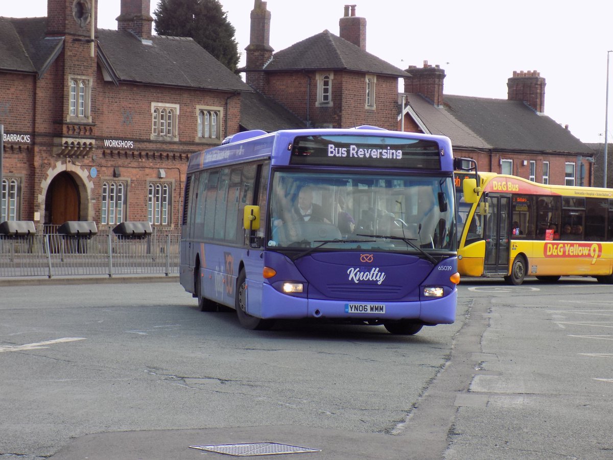 The2002BusGroup's tweet image. Seen at Newcastle Under Lyme Bus Station is #FirstPotteries Scania Omnicity YN06 WMM Displaying Bus Reversing