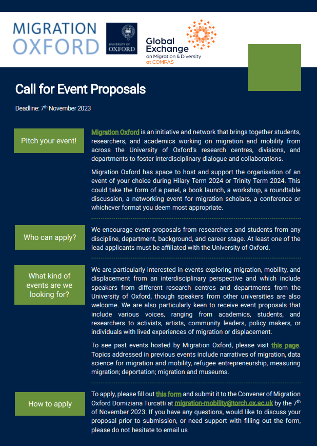 Migration Oxford (@migoxford) on Twitter photo 📢Call out: Migration Oxford has space to host an event of your choice in 2024!
💡Are you based at <a href="/UniofOxford/">University of Oxford</a> and have an idea for a event that fosters #interdisciplinary dialogue among #migration researchers? Pitch your idea!
🗓️Deadline 7 Nov.
👉bit.ly/3OfgAdl 📢Call out: Migration Oxford has space to host an event of your choice in 2024!
💡Are you based at <a href="/UniofOxford/">University of Oxford</a> and have an idea for a event that fosters #interdisciplinary dialogue among #migration researchers? Pitch your idea!
🗓️Deadline 7 Nov.
👉bit.ly/3OfgAdl