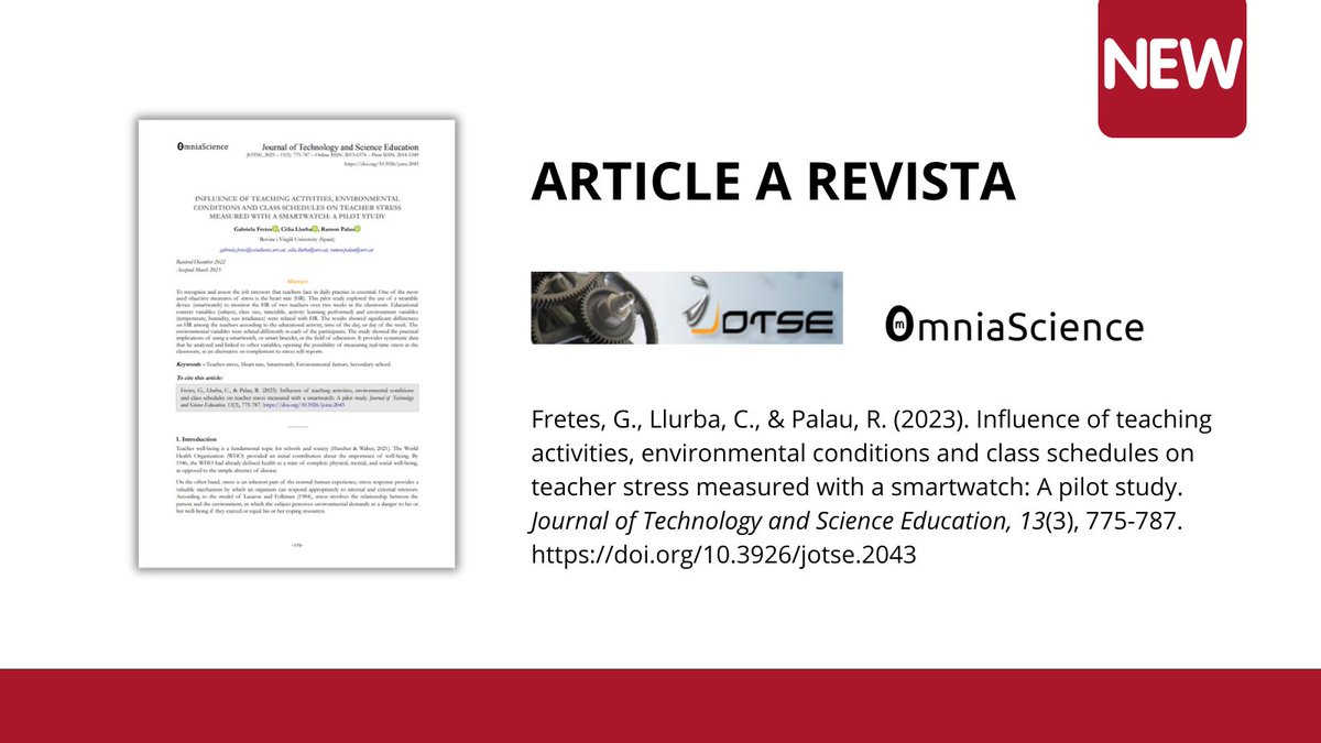 Nou article a #jotse de <a href="/OmniaScience/">OmniaScience</a>

Influence of teaching activities, environmental conditions and class schedules on #teacher stress measured with a smartwatch: A pilot study. jotse.org/index.php/jots…

👥 Gabriela Fretes, Cèlia Llurba &amp; Ramon Palau #JobStressors #HeartRate