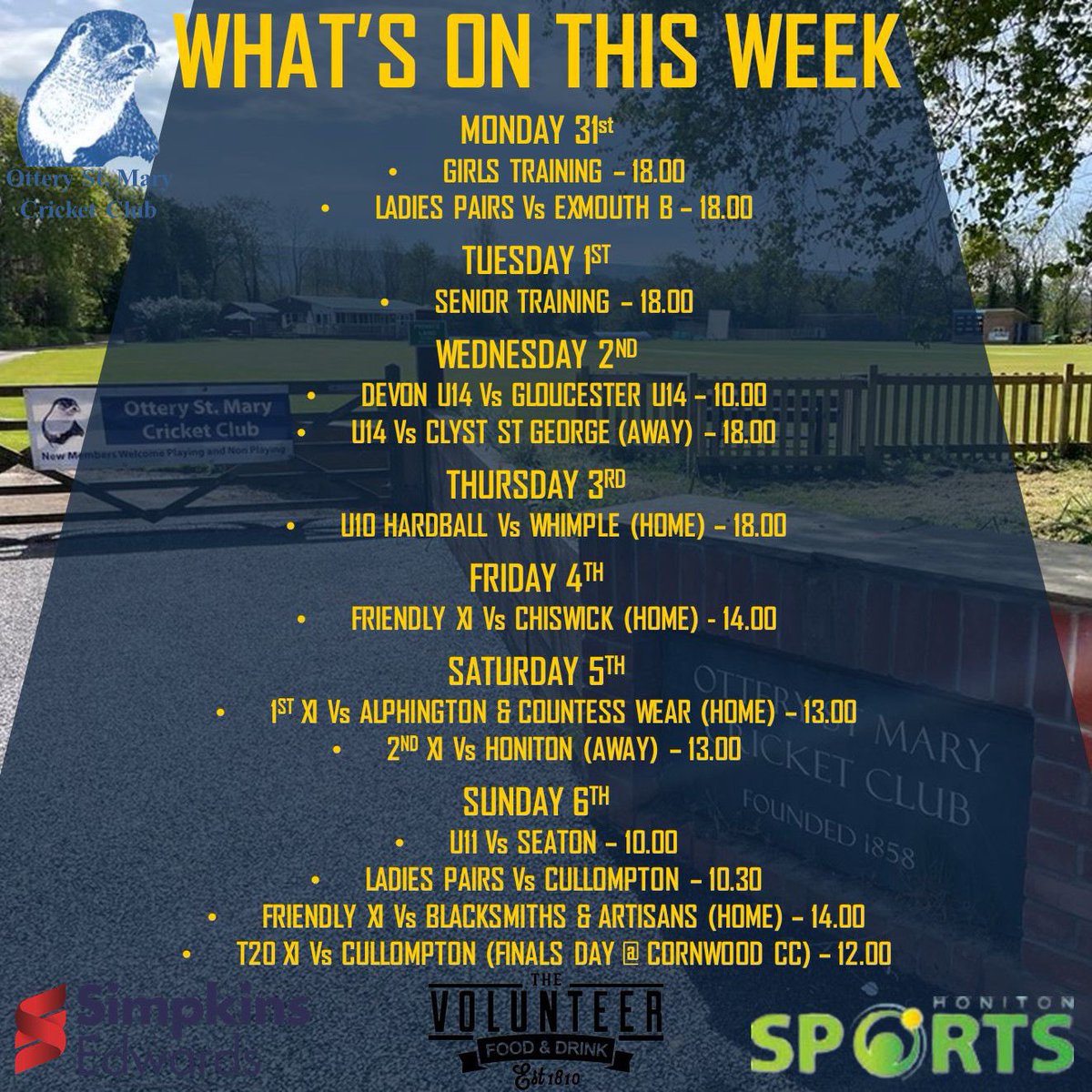 What’s going on at the club this week you ask…

I’ll tell you what’s going on this week at the club.

#otters #busyweek #cricket