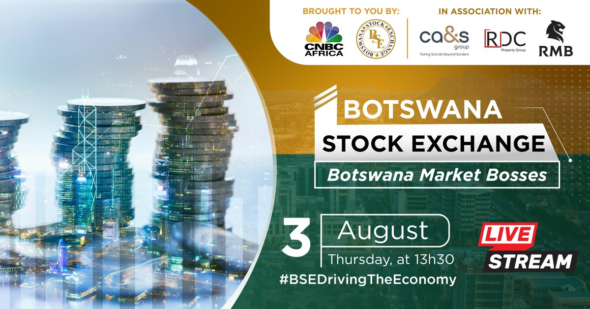 cnbcafrica's tweet photo. Join us for a live panel discussion with leading market bosses as they unpack the Botswana market landscape and its opportunities for investment and growth. ​Tune in on Thursday, 3 August, at 13h30pm CAT when we unravel more. The Botswana Market Bosses panel is proudly brought to you by @TheOfficialBSE, in partnership with CA Sales Holdings Limited, RDC Properties Limited, and First National Bank Botswana. ​#BSEDrivingTheEconomy #RDC #CaSales #FNBB
📺#DStv410 ​
🌐https://t.co/92inld3Mk9