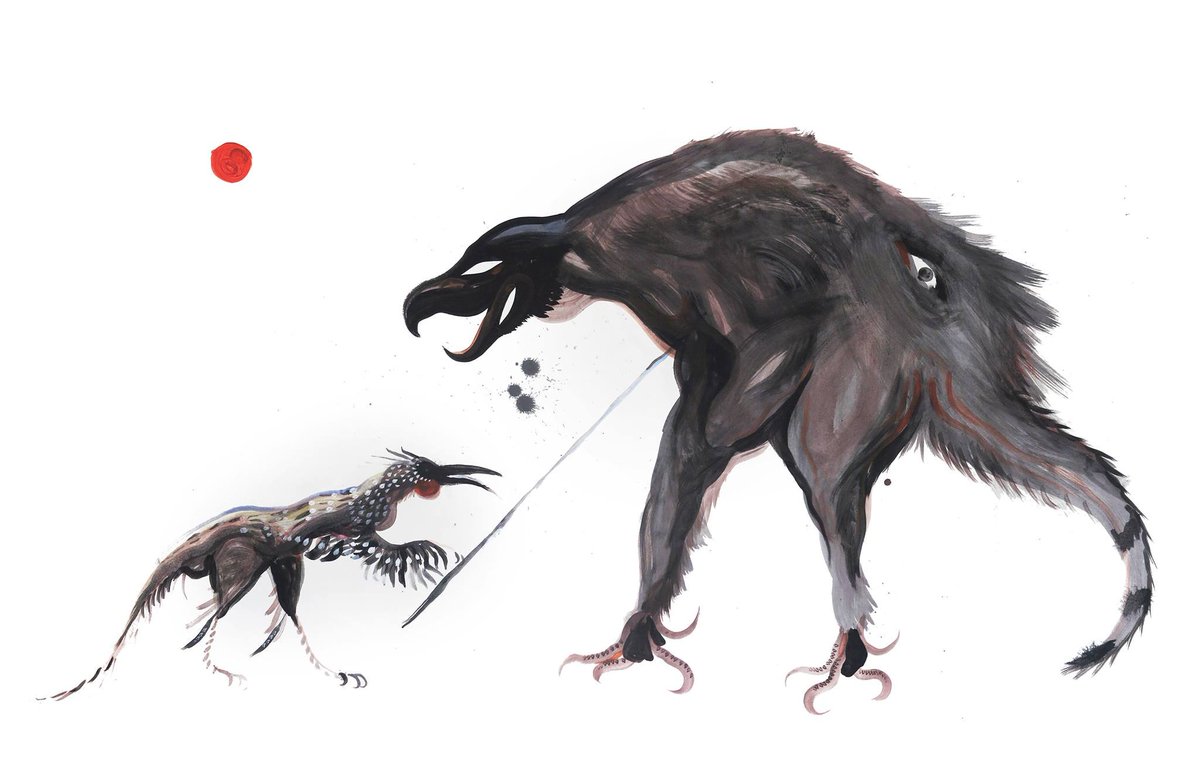 cmkosemen's tweet photo. #Dinosauroid cave art of a spear-wielding warrior confronting a marauding tyrannosauroid. https://t.co/1BE0qLIfhX