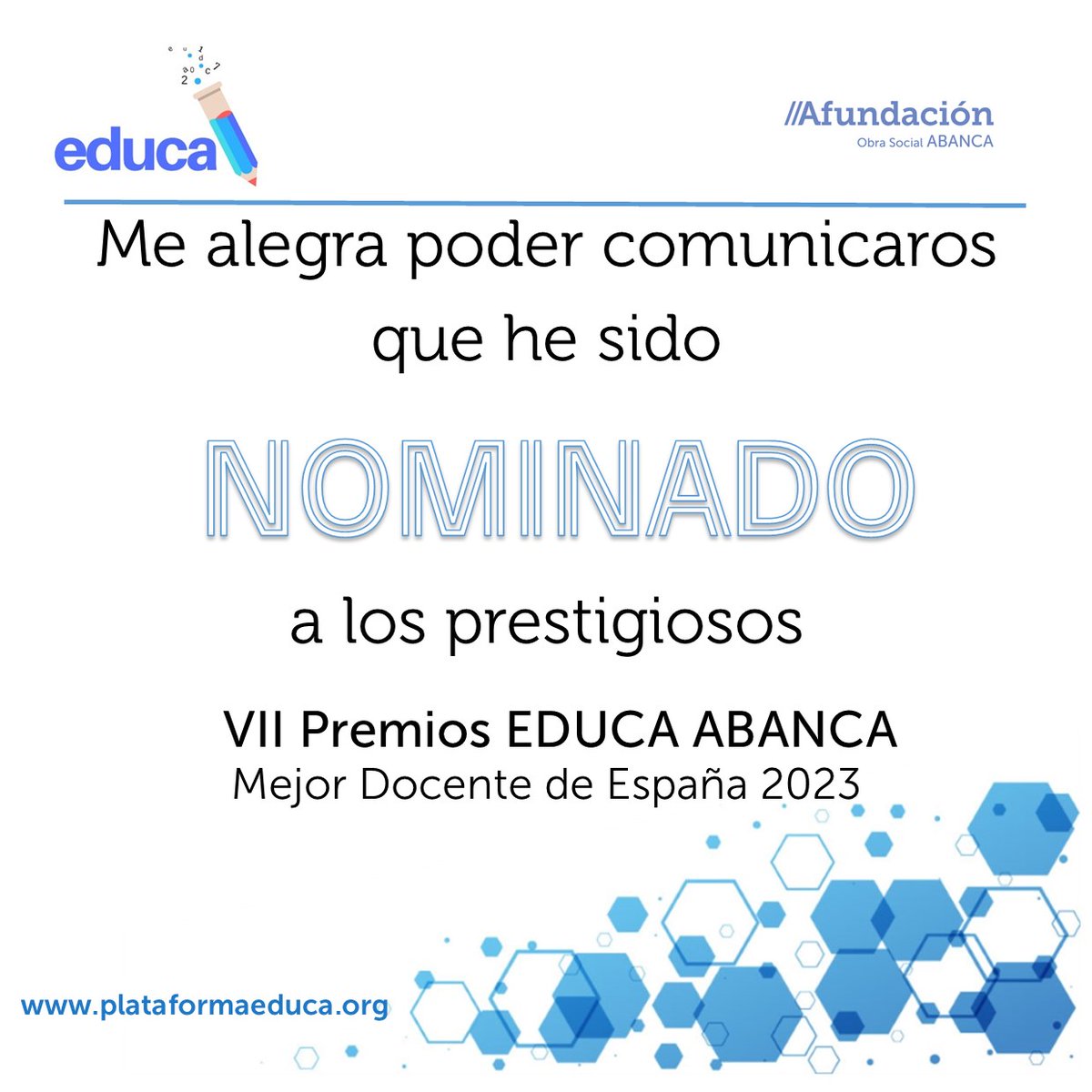 Es un auténtico orgullo haber sido nominado a los prestigiosos #PremiosEDUCAABANCA como Mejor Docente de España de 2023 en la categoría #Universidad. Enhorabuena a <a href="/plataformaed/">Plataforma Educa</a>  y <a href="/SomosABANCA/">ABANCA</a> por la iniciativa y, enhorabuena también al resto de nominados.