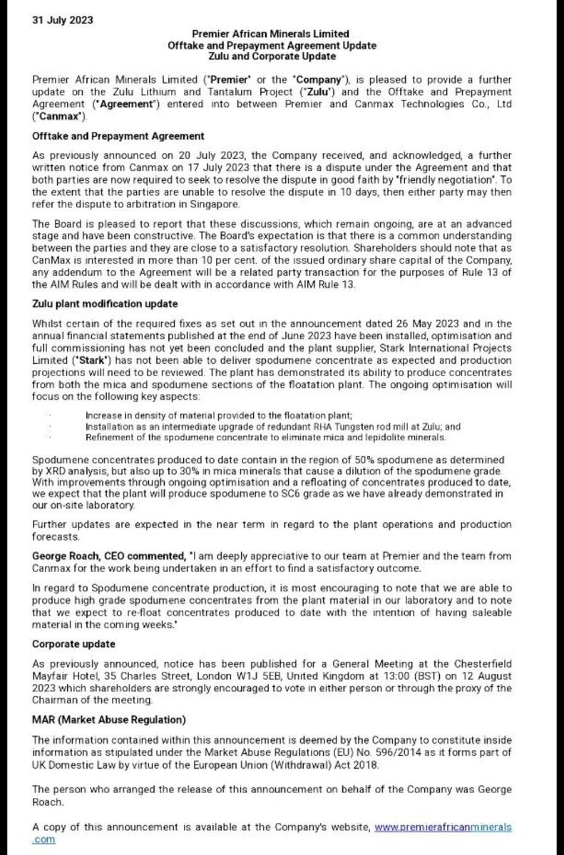 RickyKitson's tweet photo. Prem RNS this morning. Not all would have seen, not showing up on all platforms.

- SC6 expected
- New deal with Canmax expected
- More plant updates to come 

Fairly positive IMO. Big few weeks ahead.

#Prem #Zulu #Lithium #Canmax https://t.co/NORycBqrOP
