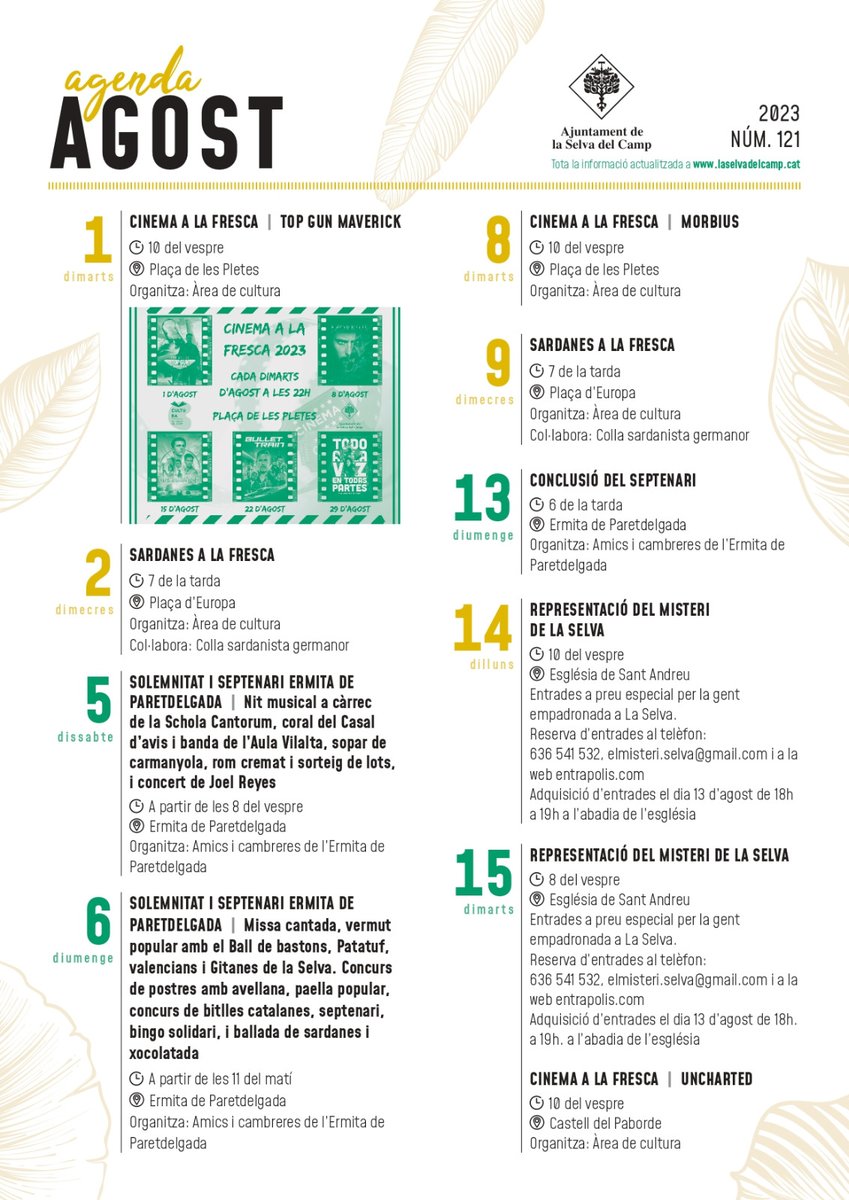 ERClaSelva's tweet photo. Agenda d'agost de 2023

Butlletí mensual municipal amb les activitats previstes a la Selva del Camp durant el mes d'agost de 2023 https://t.co/8wRLF5NtDv