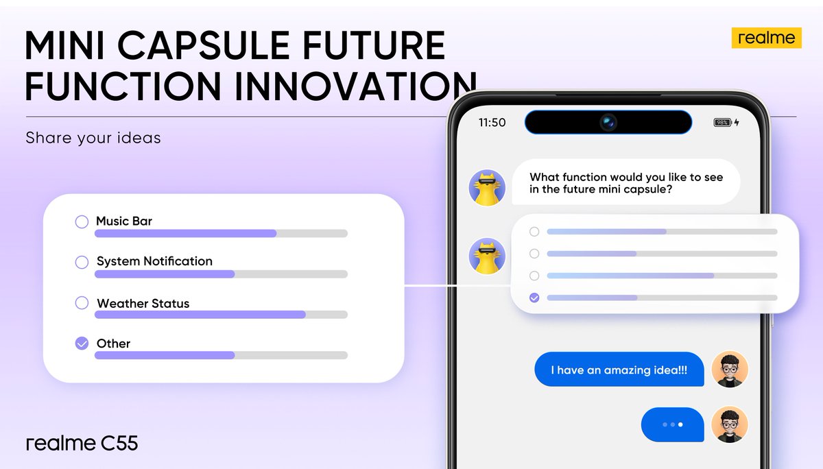 realmeglobal's tweet photo. We want to hear from you! We listened to your input for this version of the #realmeC55 #MiniCapsule. You gave us some great ideas💡 and we want to continue to listen. Tell us in the comments what you'd like to see. https://t.co/gpHegV52gL
