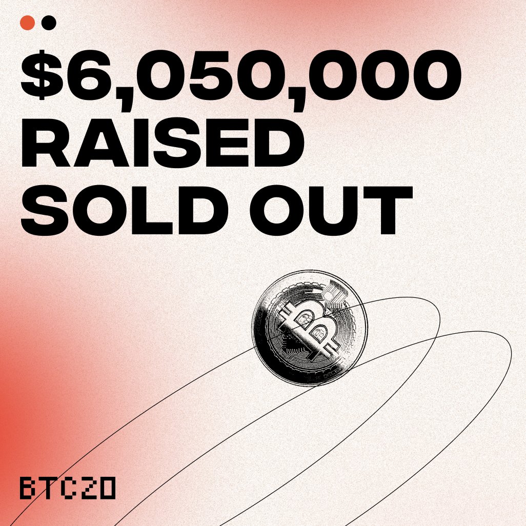 🚀SOLD OUT! $6,050,000 Raised!💰

A massive thank you to all our supporters! The $BTC20 presale has officially sold out, raising a staggering $6,050,000! 🙌🌐

Stay tuned as we'll announce the dates for #Claiming &amp; #Staking your $BTC20 tokens shortly! 🗓️
