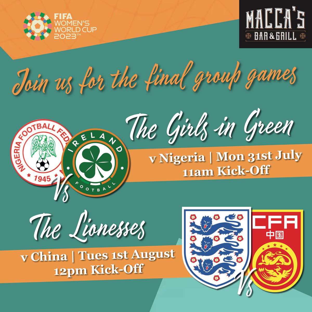 The last Group Games take place over the next couple of days.
Join the Macca’s Team in their support and cheer on The Fantastic Women ⚽💚❤️ #GirlsInGreen #Lionesses #womensworld #prestwichpeople #bemoremacca #livesport #guinness #irishbar #prestwich  #prestwichvillage