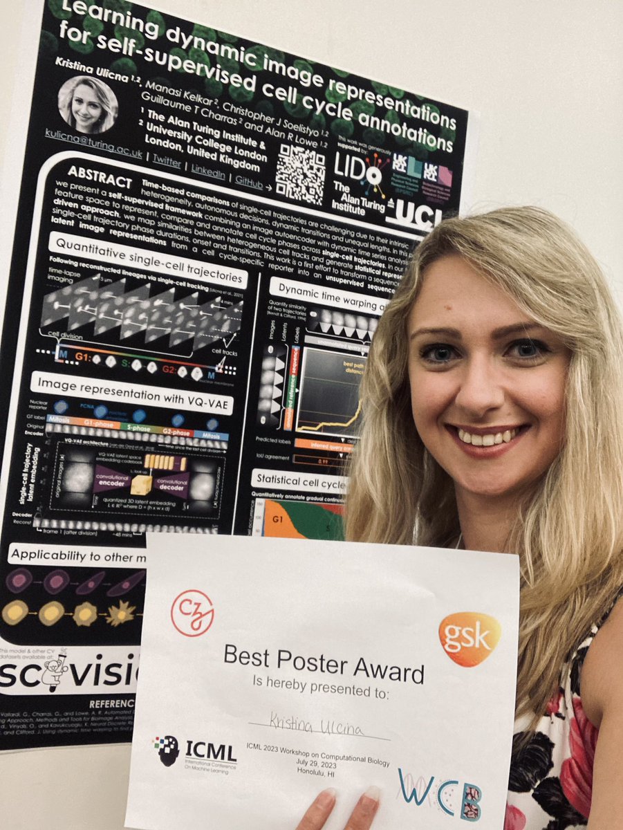 Humbled & elated 🤩 to wrap up the last day of @ICMLconf 👩‍💻with the amazing @ICML_CompBio workshop 🧬 with the “Best Poster Award”🏅
Grateful to the organisers, sponsors @CZI & @GSK 💊 & to expert committee for this recognition👌 & fuel to continue advancing #CompBio research🔬