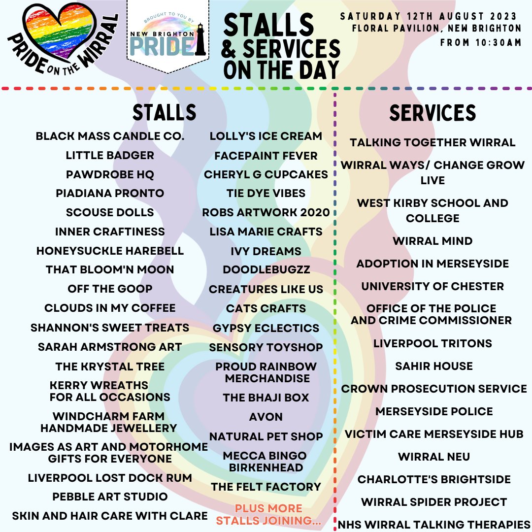 📣 Our 2023 Stalls & Services 📣
#NewBrightonPride #WirralPride #PrideontheWirral #LGBT #Wallasey #Heswall #Hoylake #WestKirby #Birkenhead #Bebington #Wirral #Pride #PrideontheWirral