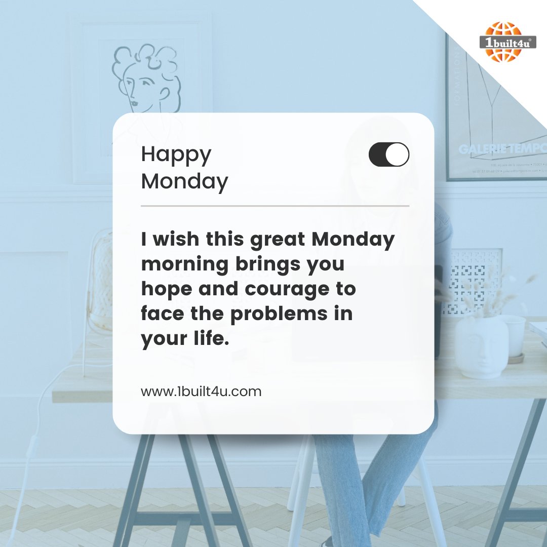 'Monday mantra: Be happy, be bright, be you! 🌞

#1built4udotcom 
#1built4u 
#HappyMonday #MondayMotivation #HelloMonday #MondayVibes #MondayBluesNoMore #HappyAndProductive #WeekAhead #MondayMantra #NewWeekNewOpportunities