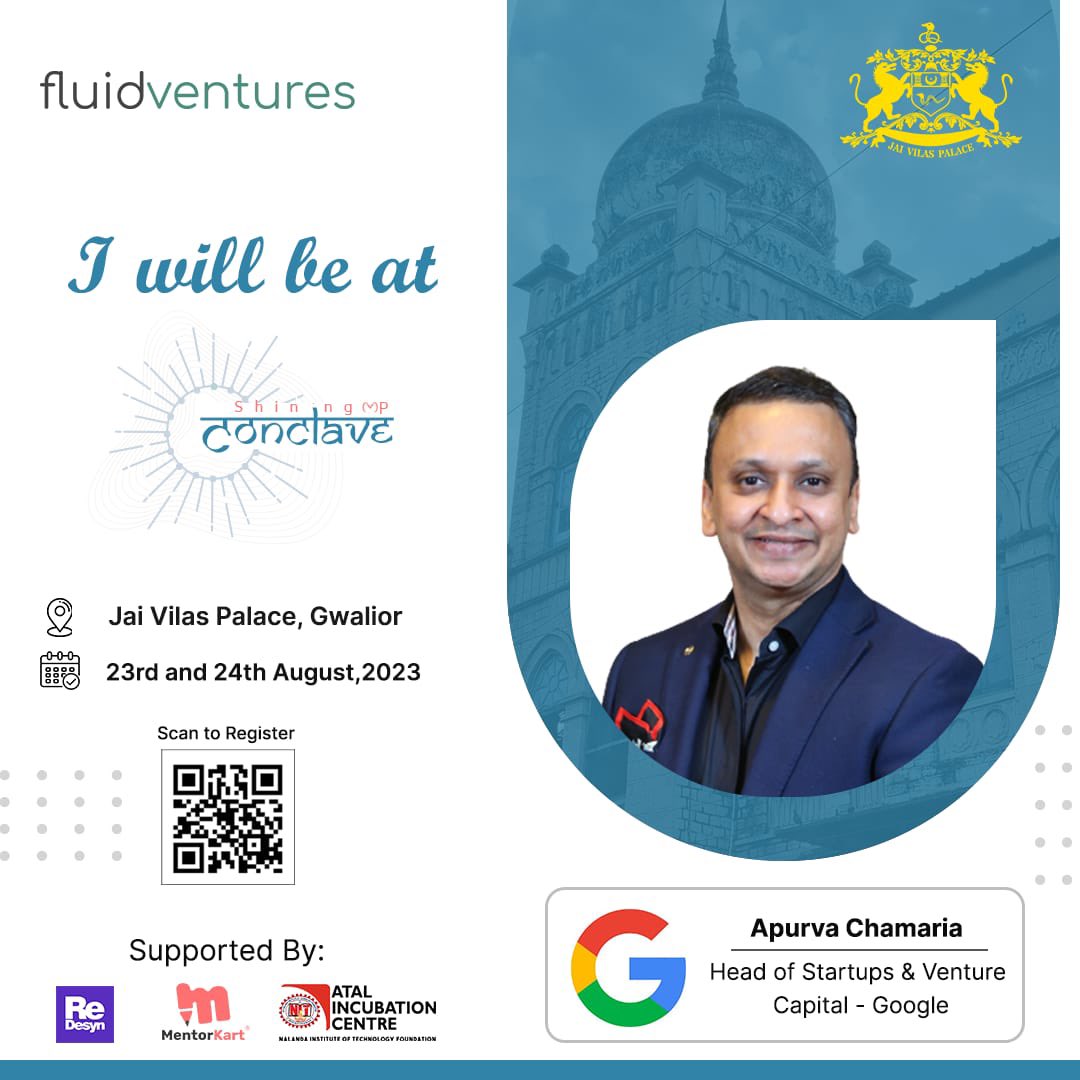 a1purva's tweet photo. Looking forward to speaking at the #ShiningMPConclave and meeting amazing #founders and #investors

Entrepreneurs Register at : https://t.co/6zeAIRfisk

#FluidVentures in association with Jai Vilas Palace is organizing a two-day entrepreneurial networking event - #ShiningMP Conclave; to build a strong networked community and showcase #madhyapradesh Pradesh as a developing commercial hub in our country.

Brief about the event:
* 50 slots for entrepreneurs.
* 20 Angel/Micro VC Funds.
* 15 startups will have the opportunity to get one on one meetings with Investors
* Deadline For registration is 5th August 2021.
*Panel Discussions, #Workshops & #Networking Opportunities for Entrepreneurs.

Date: 23rd & 24th August 2023
Venue: Jai Vilas Palace, Gwalior

#ShiningMPConclave #Gwalior #Event #StartupEcosystem
#entrepreneurship