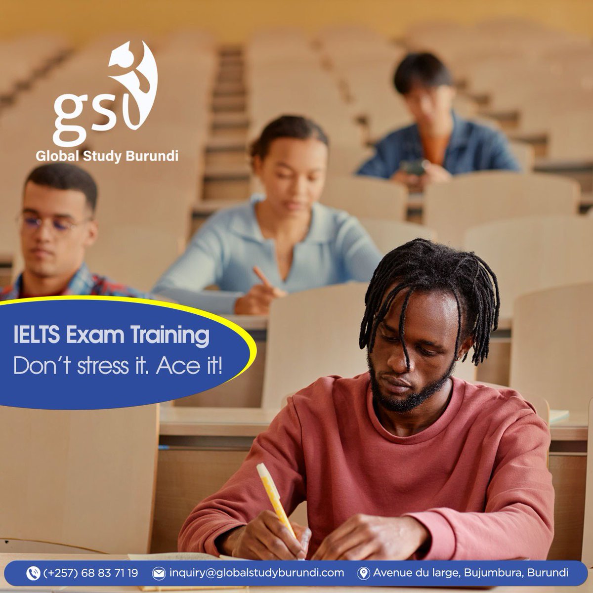 Ace your IELTS Exams thanks to our IELTS Exam Training.

Contact us for free support via +257 68 83 71 19.

#GSU #IELTSTraining #EnglishExams #MondayMotivation