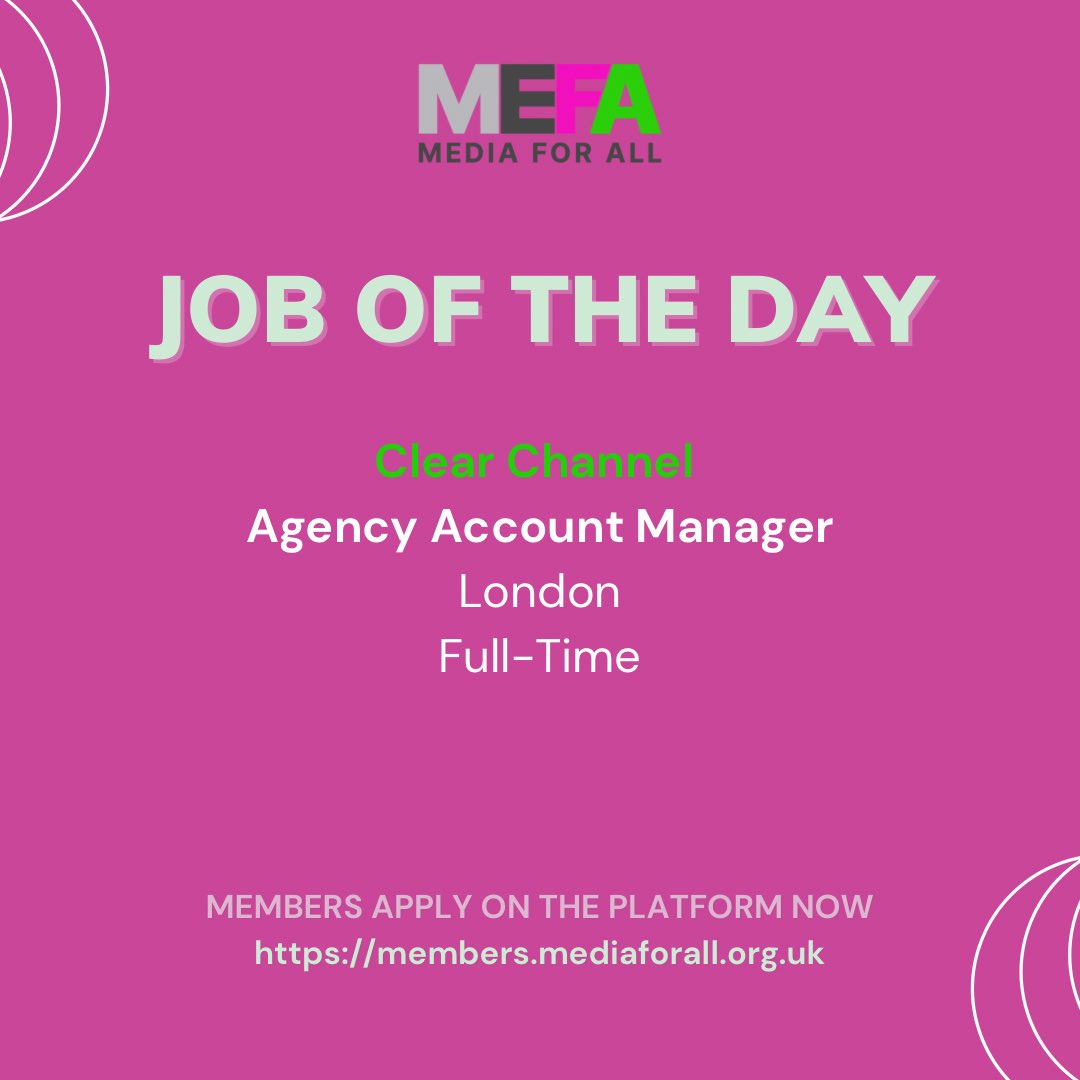 Happy New Week 🎉

Wishing everyone a prosperous week ahead ✨

Here is the #JobsOfTheDay from our MEFA sponsor @ClearChannelUK 

💼 Agency Account Manager

Members can apply via our jobs board on the platform now!