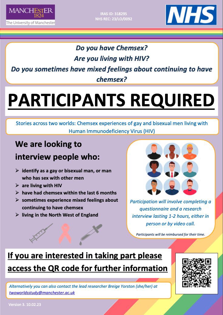 Are you a #gay/#bi man 🏳️‍🌈🏳️‍⚧️ living with #HIV and engaging in #chemsex in NW England? We would love to hear more about your experiences to better inform #LGBTQhealthcare. Interview in person or over zoom. Safe, non-judgemental space. Register here: qualtrics.manchester.ac.uk/jfe/form/SV_cR…