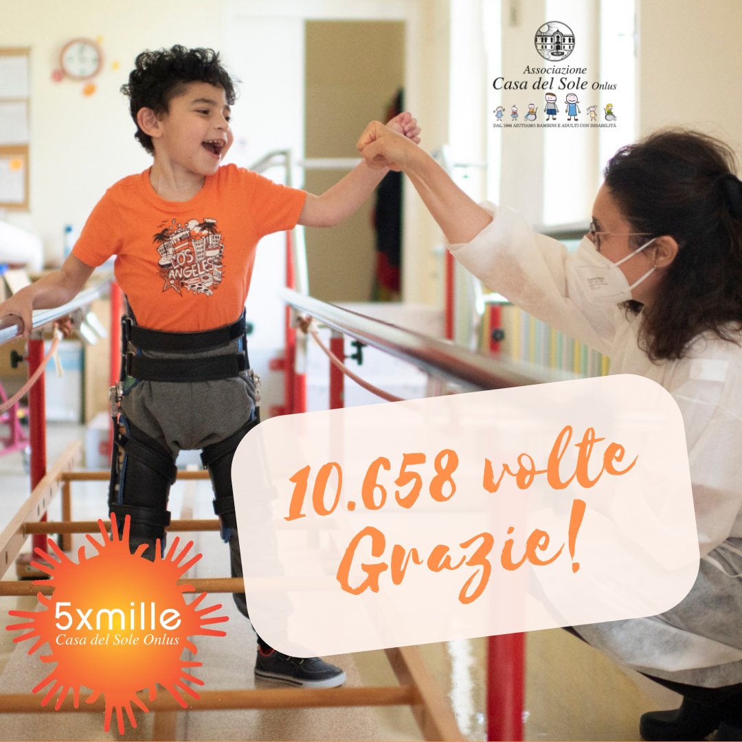 🙏🏻🙏🏻
Grazie a tutte le persone che nella dichiarazione del 2022 hanno scelto con il 5xmille la Casa del Sole.
Per noi il 5xmille rappresenta una risorsa fondamentale, che ci permette di garantire terapie ed attività educative ai bambini più fragili.
Grazie, 10.658 volte GRAZIE!