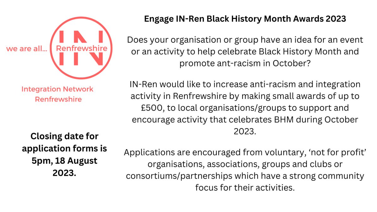 Engage IN-Ren Black History Month Awards 2023
Download the Application Form and Guidance here:
engagerenfrewshire.org/engage-support…