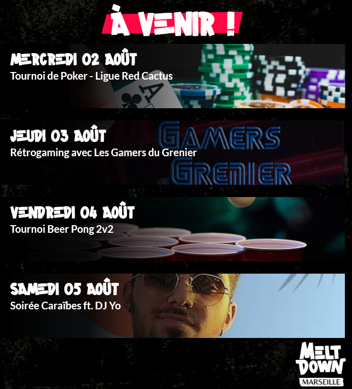 MeltdownMars's tweet photo. 📌Cette semaine au Melt'📌

➡️ Tous les jours de 17h à 20h Happy Hour sr les pintes, le Mojito et la Caïpi !

➡️ Mer. 02/08 Tournoi de poker Red Cactus
➡️ Jeu. 03/08 Soirée Rétrogaming
➡️ Ven. 04/08 Tournoi de Beer Pong 2v2
➡️ Sam. 05/08 Soirée Caraïbes ft. DJ Yo https://t.co/brrqrcOtqq