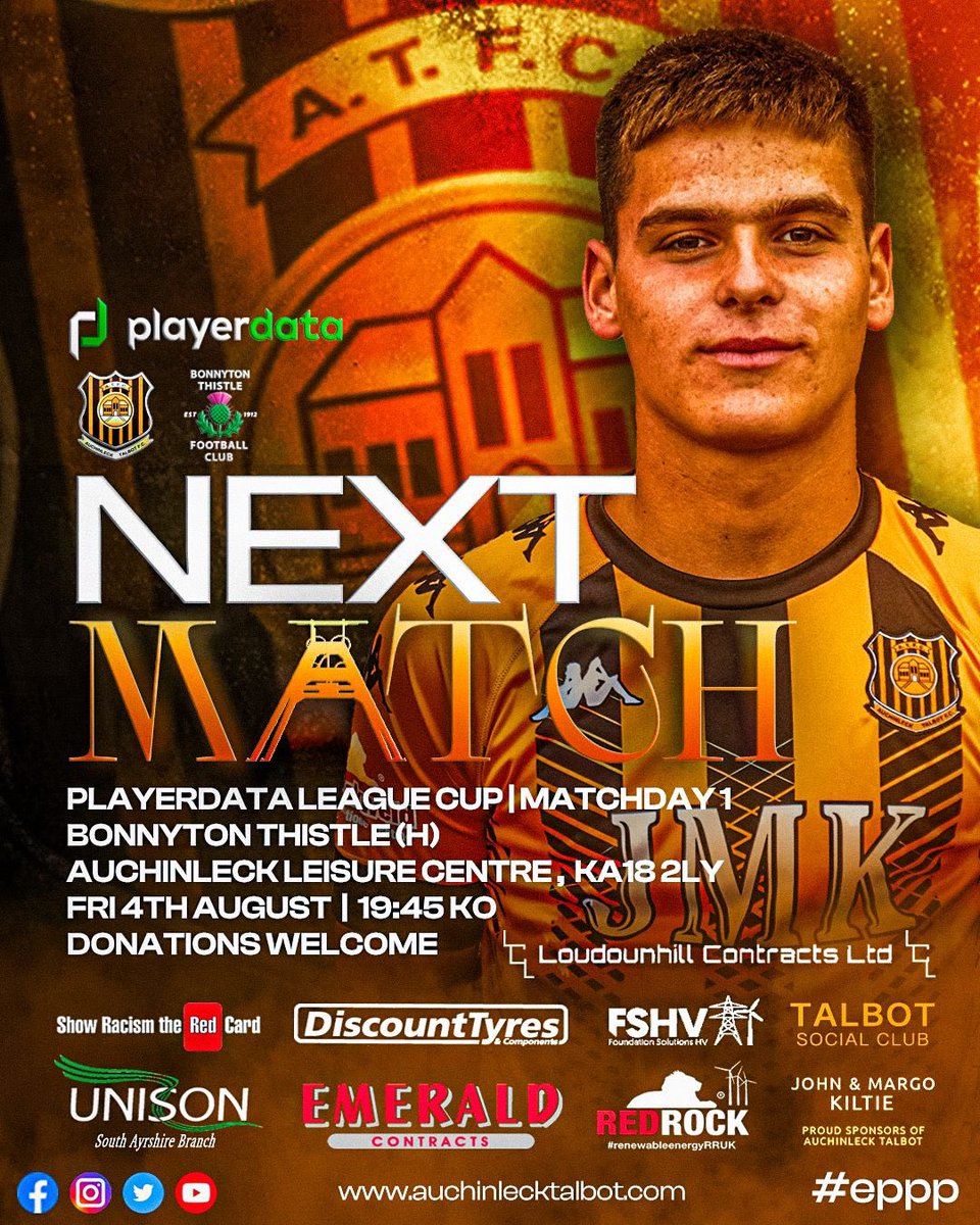 Season 23/24 opens with a visit from <a href="/Bonnyton20s/">Bonnyton Thistle U20s</a> 
Come along to Auchinleck Leisure Centre and get behind the boys as kick off the new season.<a href="/atfc1909/">Auchinleck Talbot</a>