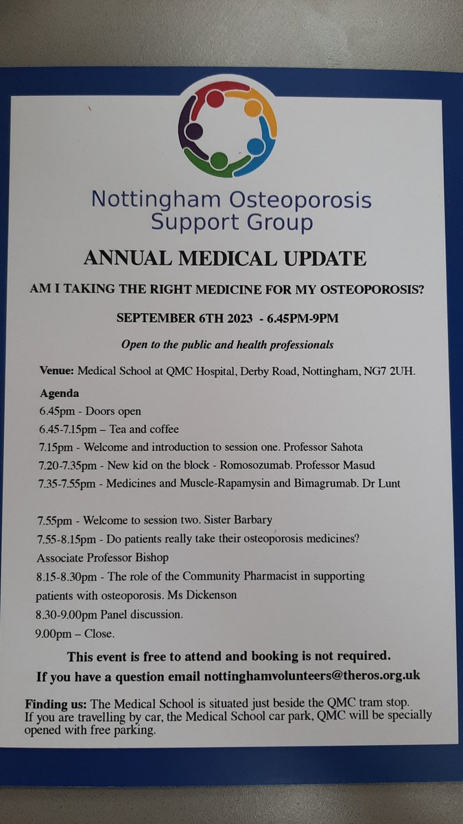 Notts Osteoporosis (@nottsosteoporo1) on Twitter photo DIARY DATE Annual medical update "Am I taking the right medicine for my osteoporosis?" 6th Sept 6.45pm @ Medical School, Queens Medical Centre Derby Road Notts.  Open to health professionals and public. Free to attend and free parking DIARY DATE Annual medical update "Am I taking the right medicine for my osteoporosis?" 6th Sept 6.45pm @ Medical School, Queens Medical Centre Derby Road Notts.  Open to health professionals and public. Free to attend and free parking