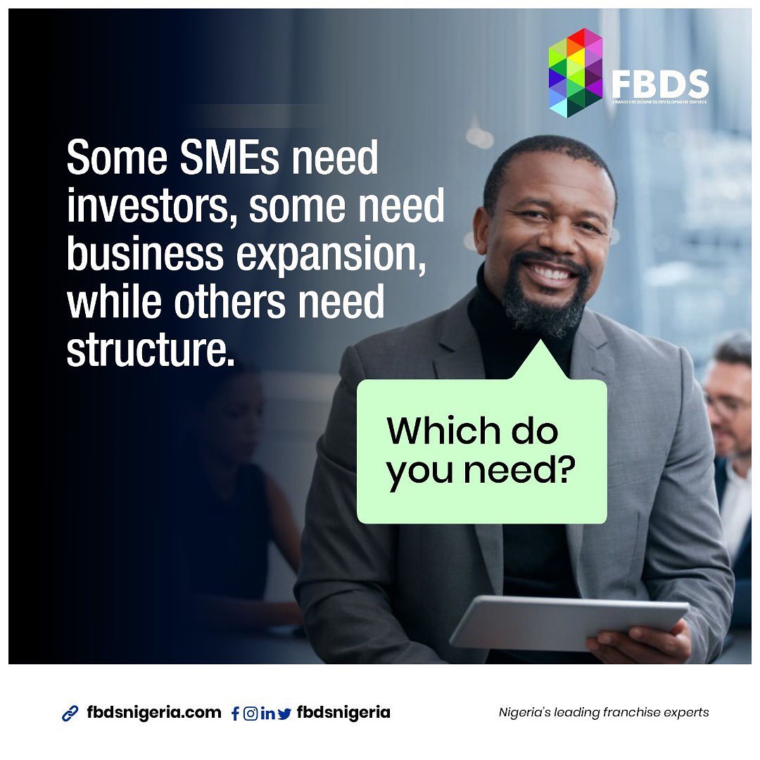 FBDSnigeria's tweet photo. Some SMEs require investors, some need to expand their businesses, and some need structure.
Which do you need?
#FBDS #SMEs #business #expand https://t.co/UPTesXTSe2