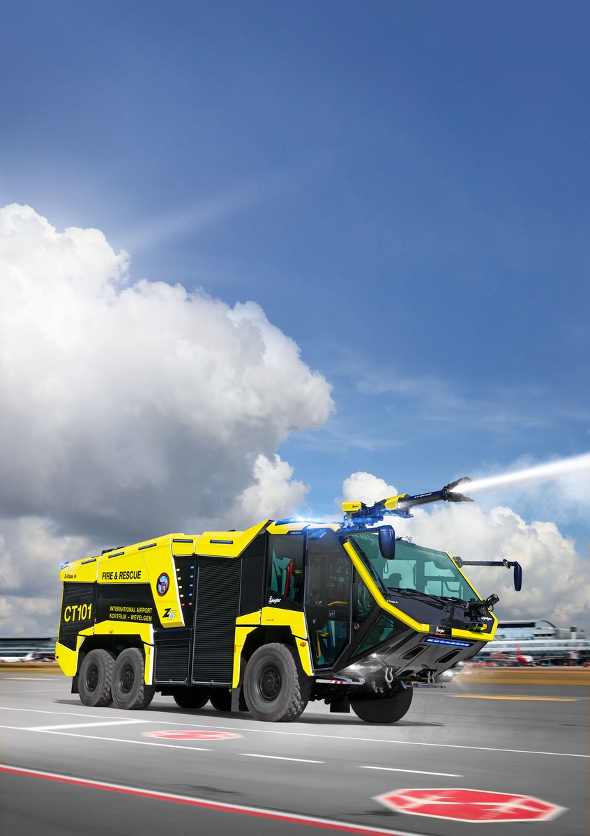 IntAirport's tweet photo. AD | In March 2022, ZIEGLER delivered this Z6 to Kortrijk-Wevelgem Airport in #Belgium. The #Crashtender is built on a TITAN 6x6 chassis with steerable rear axle & driven by a 770 HP Scania V8 engine. Kessler's innovative transmission delivers high performance on the road. https://t.co/0d5CrZrWnd