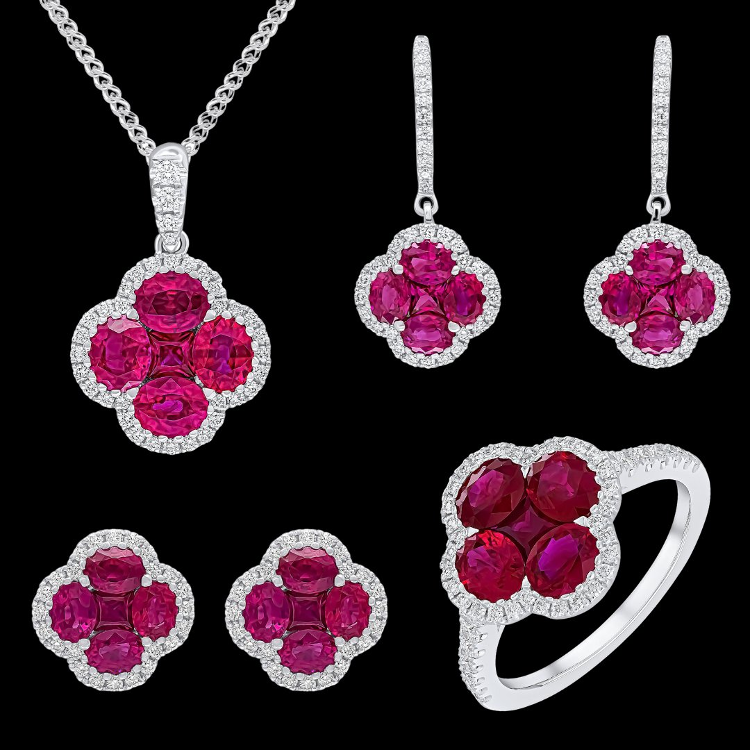 Enjoying the last day of July with these vibrant 18ct white gold ruby &amp; diamond quatrefoil cluster beauties!
.
.
.
#ruby #diamondandruby #diamond #diamondjewellery #rubyjewellery #jewellery #18ctgold #whitegold #finejewellery #traditional #modern #jewelleryinspiration #july