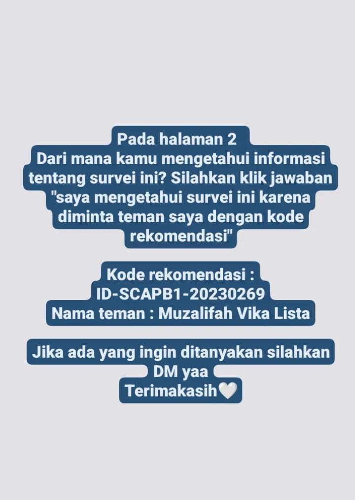 Lista111's tweet image. Bantu isi survei ini dan mari ciptakan dampak untuk mendorong perubahan dalam isu Kesehatan Mental. Link: soco.wiki/RisetLKMSC

Kode rekomendasi :  ID-SCAPB1-20230269
Nama teman : Muzalifah Vika Lista

Jika ada yang ingin ditanyakan silahkan DM yaa
Terimakasih🤍