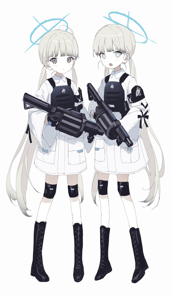 weapon gun multiple girls 2girls twintails halo boots  illustration images