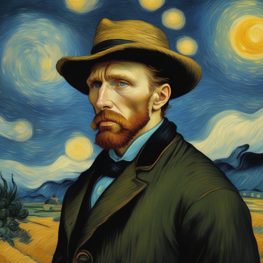 aiBildAgentur's tweet photo. 🎨💔 Gazing into the abyss of stars, Sad Vincent Van Gogh finds solace in the vastness of the sky above. 🌌💫 #VincentVanGogh #SadArtists #StarryNight #GazingAtTheStars #EmotionalArt #DepictingSorrow #ArtistSoul #MelancholicBeauty #InnerTurbulence https://t.co/LMsbCw3gxH