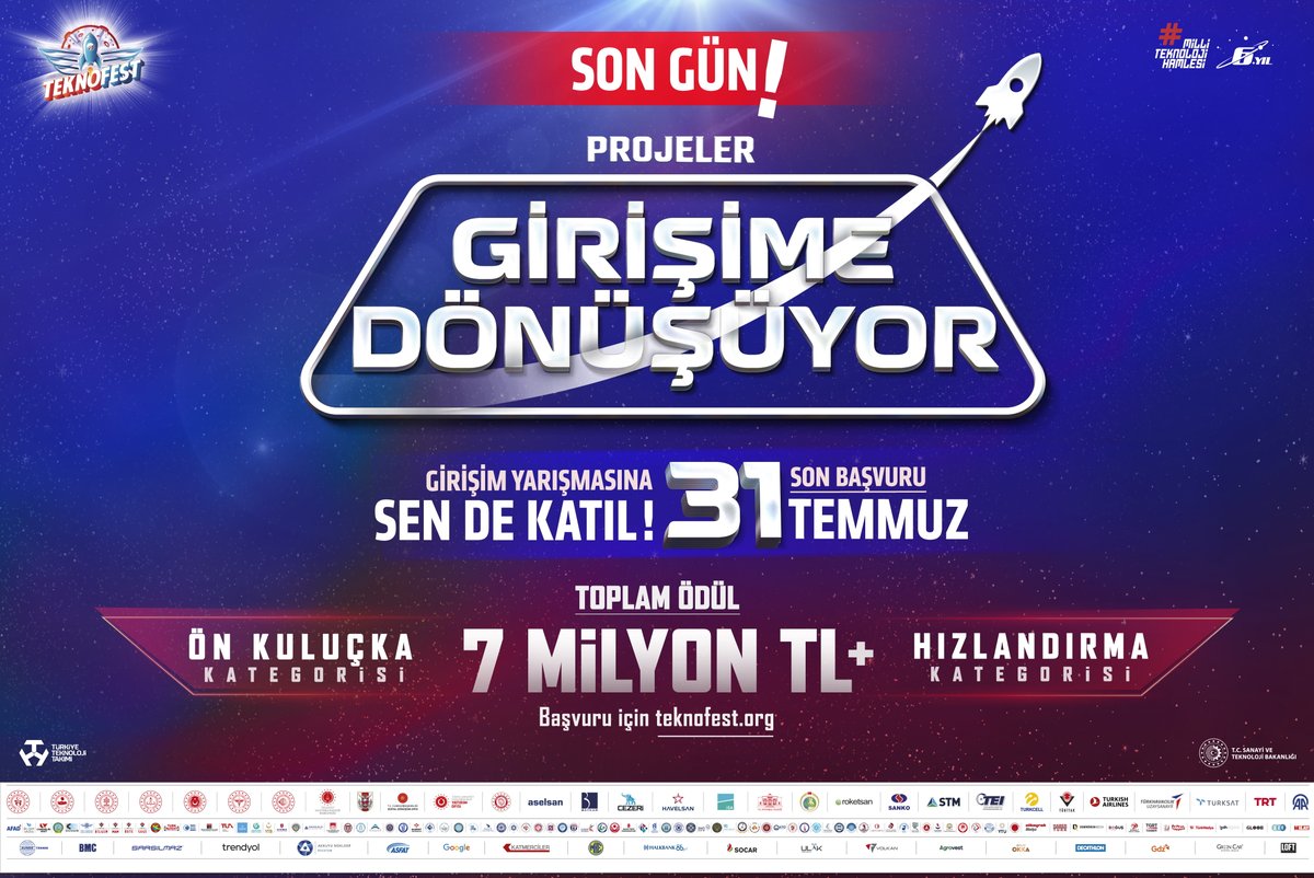 #TEKNOFEST Girişim Yarışması Başvuruları İçin SON Gün! 🚀 

Başvurunu yap, #ProjenGirişimeDönüşsün!
 🗓 Son Başvuru Tarihi: 31 Temmuz 
👉 Detaylı bilgi için: mth.tc/GirisimYarisma… 
🤝 <a href="/t3girisim/">T3 Girişim Merkezi</a>