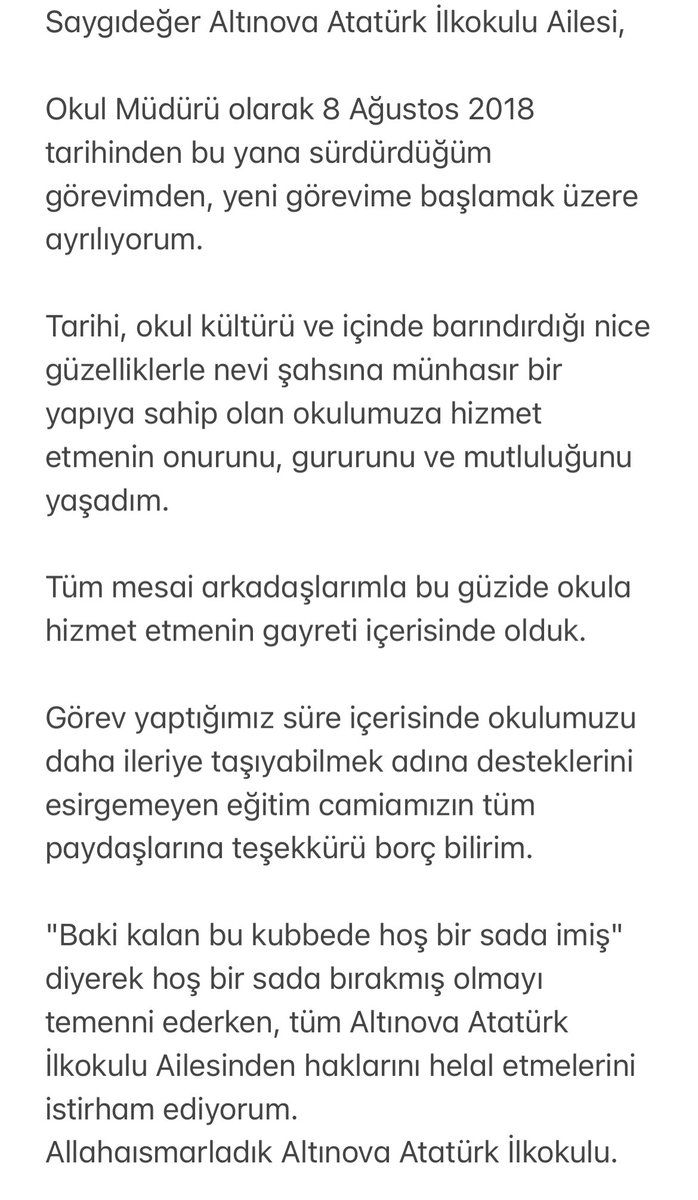 Bugun itibariyle yaklasik 5 yildir hizmet ettigim  Altinova Ataturk İlkokulu’ndaki gorevimden yeni gorevime baslamak uzere ayriliyorum. Allahaismarladik.