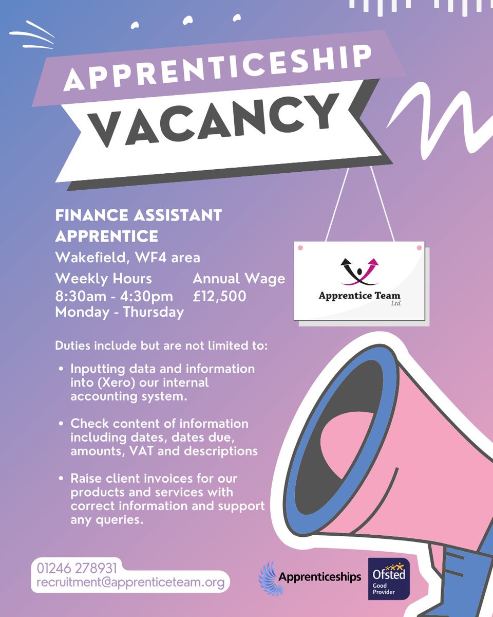If you're passionate about Finance and numbers, this apprenticeship vacancy we currently have available in Wakefield could be perfect! 💰🌟

Interested? Contact us for more information...

Call 01246 278931 or email recruitment@apprenticeteam.co.uk

#Wakefield #WakefieldJobs