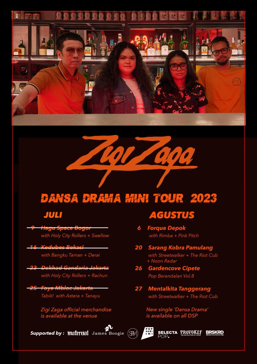 zigizagaband's tweet photo. Jadwal mini tur ‘Dansa Drama’
di Agustus brodi. Catet nih:
6 di Forque Depok
w/ Rimba, Pink Pitch 
20 di Rumah Kobra
w/ Streetwalker, The Riot Cub, Noon Radar
26 di Garden Cove Cipete
Gig Pop Berandalan Vol.8
27 di Mentalkita Kafe Tanggerang 
w/ Streetwalker The Riot Cub https://t.co/NH3L6YQ2kF