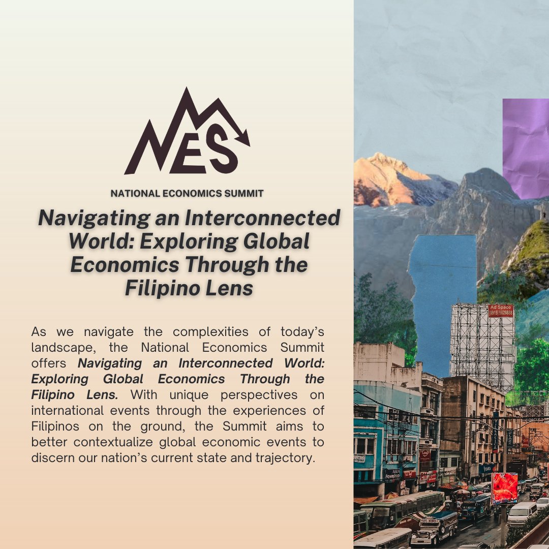 NESupecosoc's tweet photo. Discover more on this year’s #NES2023 theme, “Navigating an Interconnected World: Exploring Global Economics Through the Filipino Lens”.
Register now at https://t.co/b4aStXknhI.
#NES2023 #ConquerGreatNES #NationalEconomicsSummit #NavigatingtheWorld https://t.co/kXCzEyOAds