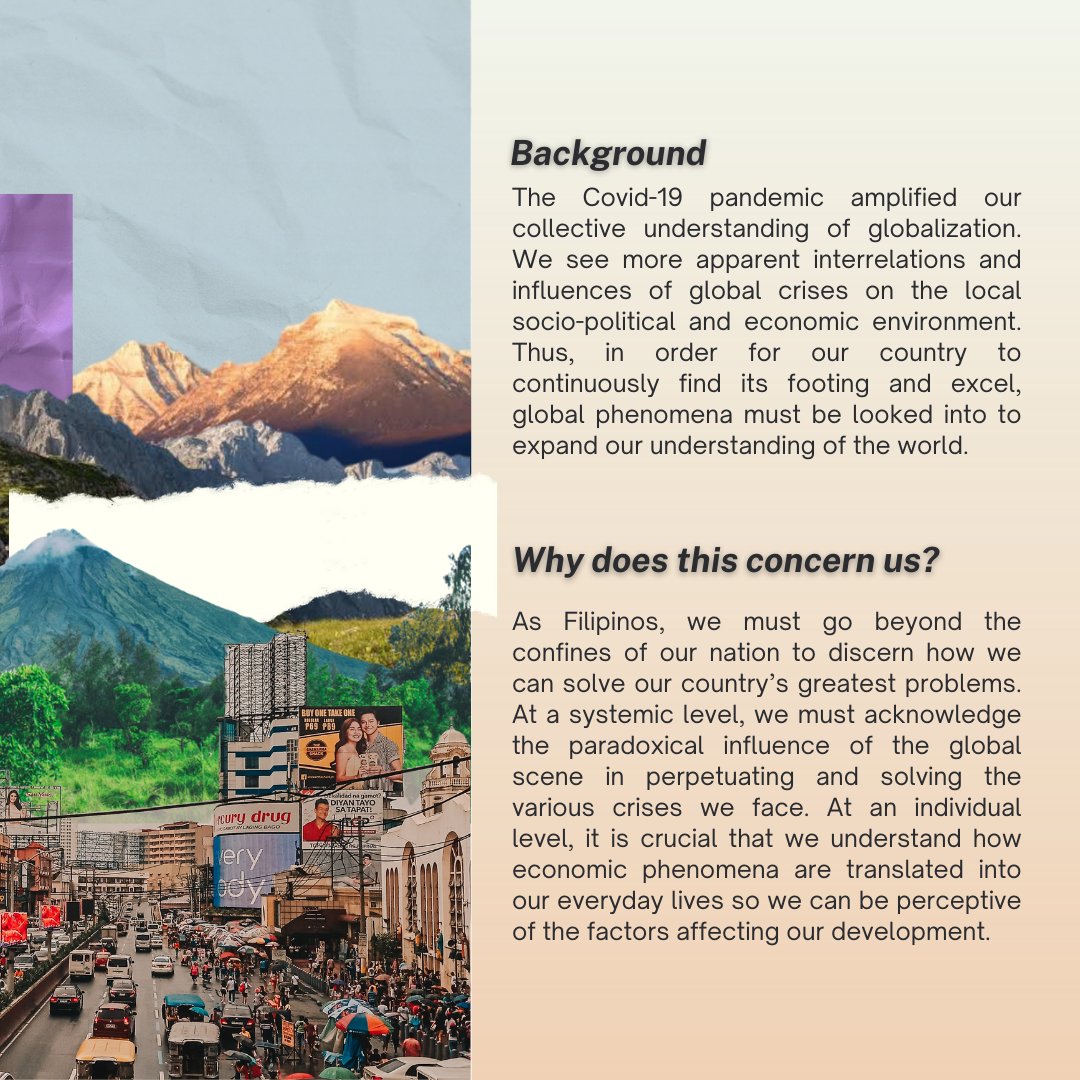 NESupecosoc's tweet photo. Discover more on this year’s #NES2023 theme, “Navigating an Interconnected World: Exploring Global Economics Through the Filipino Lens”.
Register now at https://t.co/b4aStXknhI.
#NES2023 #ConquerGreatNES #NationalEconomicsSummit #NavigatingtheWorld https://t.co/kXCzEyOAds