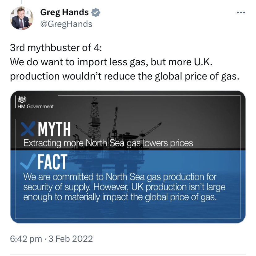 Rishi Sunak says we have to drill for new gas in the UK in order to make energy "more affordable" for consumers. 

Here's his own party chair sharing a government "mythbuster" on this last year.