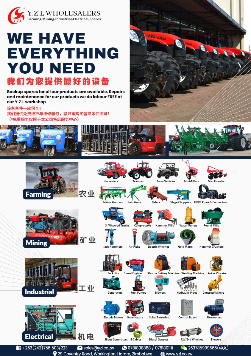 YWholesalers's tweet photo. 😃Y.Z.L WHOLESALERS HAS ALL THE EQUIPMENT YOU NEED‼
各类农业、矿业、工业、机电等设备与备件，您都能在Y.Z.L找得到‼

#yzlwholesalers #farming #mining #industrial #electrical #farmingzimbabwe #tractors #YTO #farmimplement #forkllifts #engines #changchai #hanzel #hangcha #waterpump https://t.co/1QV2liIPfU