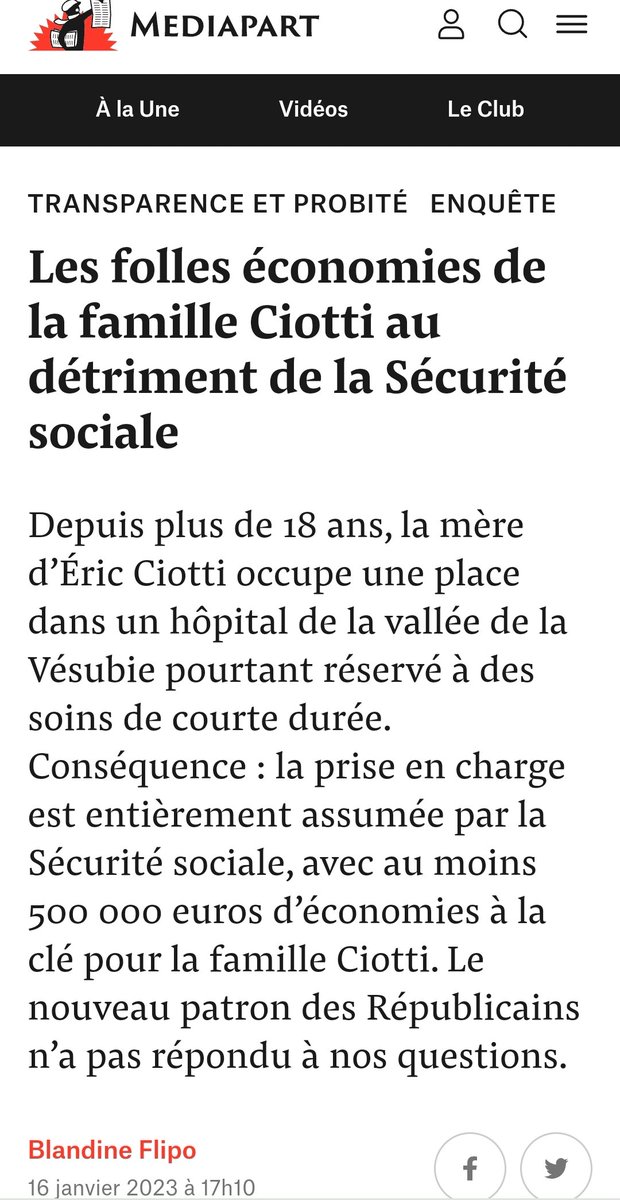 Bonjour @ECiotti

Vous prétendez gérer l’argent public "avec prudence et efficacité".

Mais alors pourquoi avoir économisé 500 000 euros sur le dos de la Sécurité sociale en faisant hospitaliser votre mère depuis 18 ans dans un hôpital réservé à des soins de courte durée ?