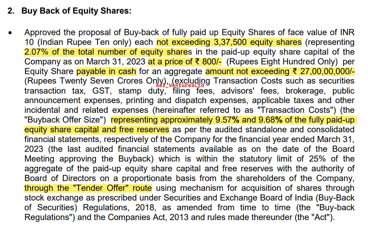 vluxeinvests's tweet image. Control Print approved #BuyBack of shares worth ₹27 Cr at ₹800/share through "tender offer" route (Record Date to be announced later)

#CONTROLPR to buyback eq shares not exceeding 3,37,500 eq shares (2.07% share capital)

Promoters to participate in the Buyback