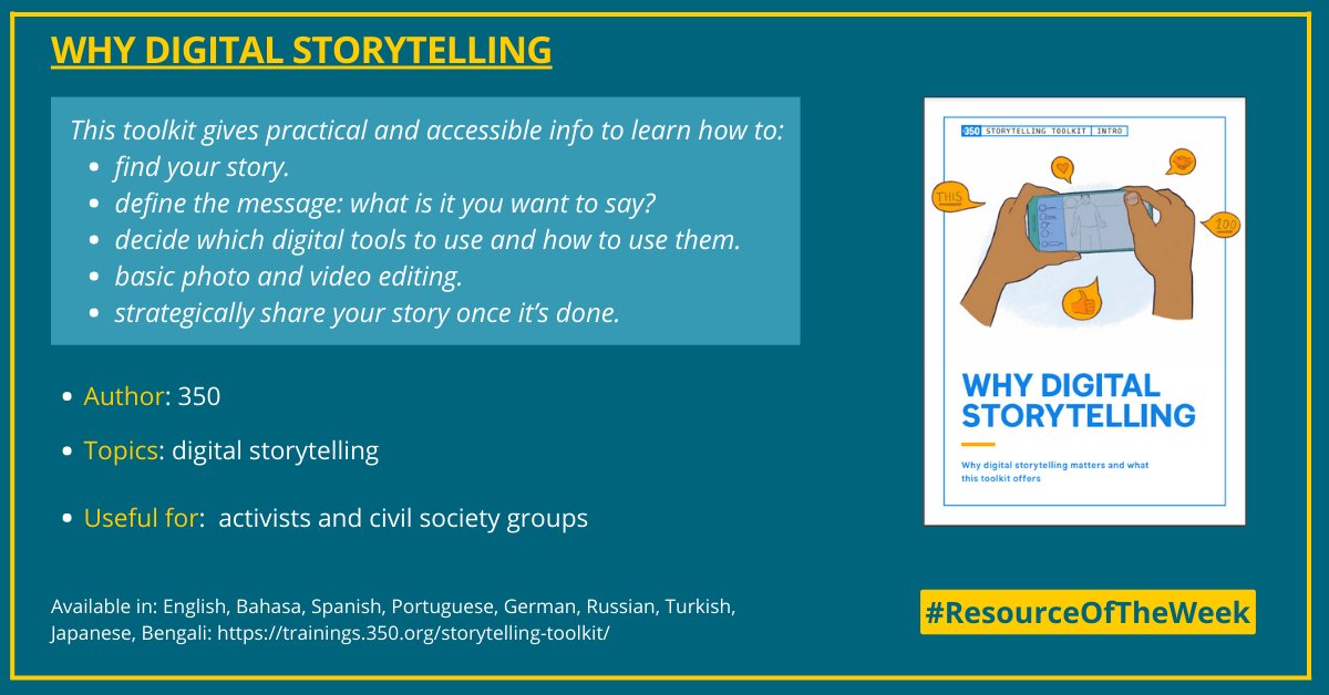 How can you find your story and share it with others using digital tools?

Check out this toolkit for #climate and civil society activists by @350 to learn more about digital storytelling!

#ResourceOfTheWeek

350.org/wp-content/upl…