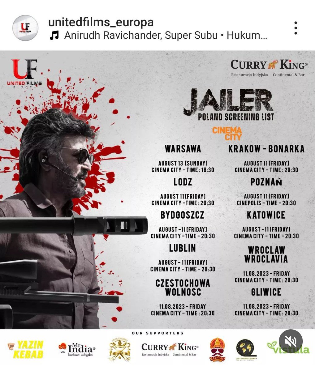 Rajini_Kadapa's tweet photo. ▶️ #UnitedFilmsEuropa will be distributing #Jailer in #Poland 🇵🇱 across 10 locations in the nation
▶️#JailerFromAug10th Will be screened with #Polish Subtitles.
▶️ Chance to Increase Shows based on entries. Fans upload the guns.
#Jailer ll #Rajinikanth ll #supersta https://t.co/jdjwPqXcqk